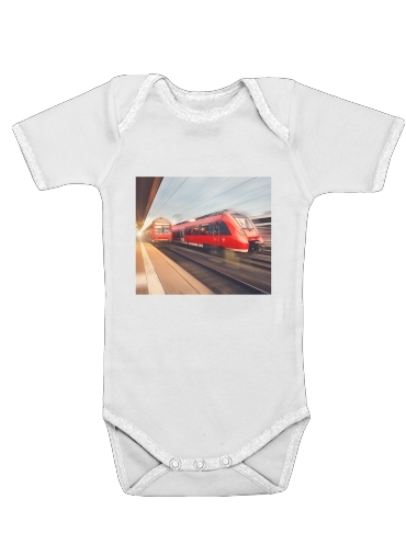  Modern high speed red passenger trains at sunset. railway station for Baby short sleeve onesies