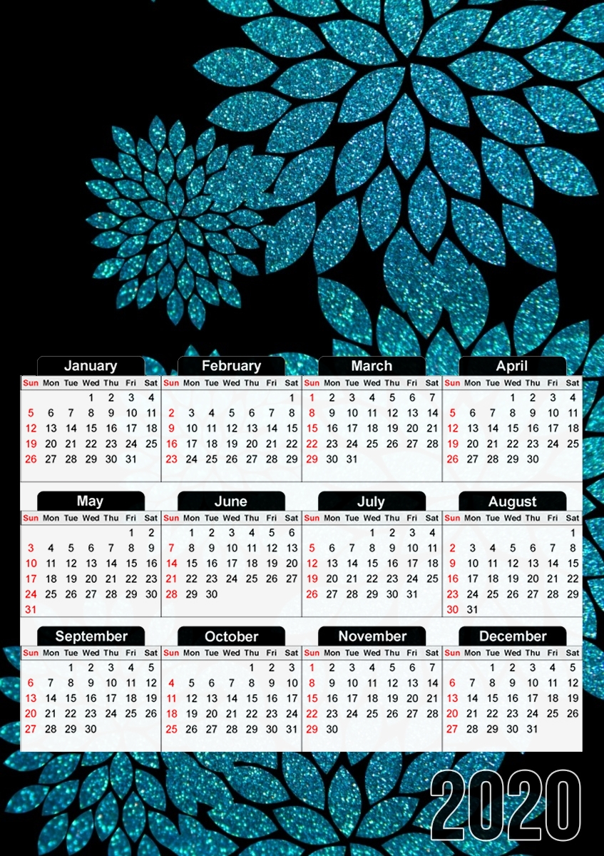  aqua glitter flowers on black for A3 Photo Calendar 30x43cm