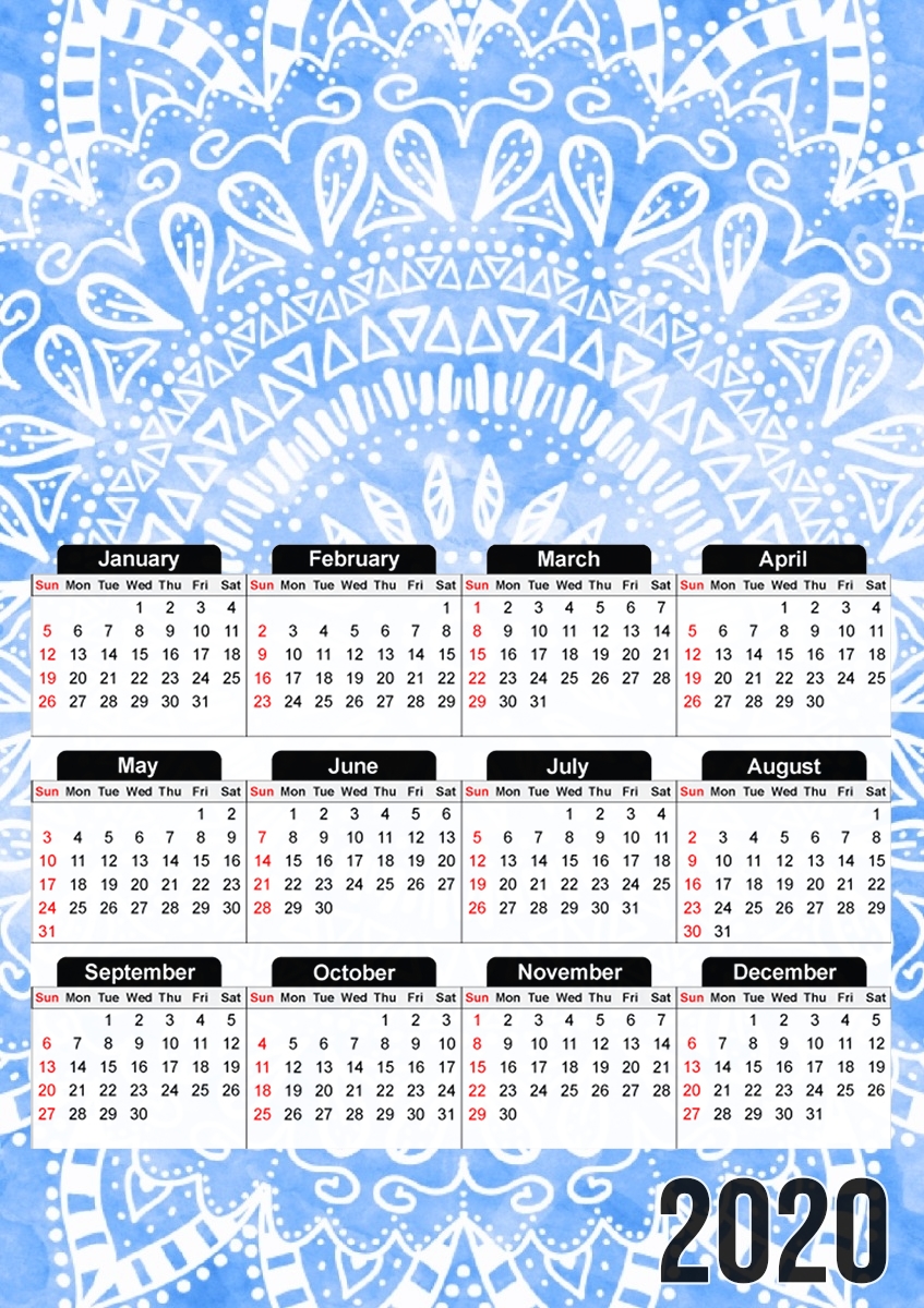  Bohemian Flower Mandala in Blue for A3 Photo Calendar 30x43cm