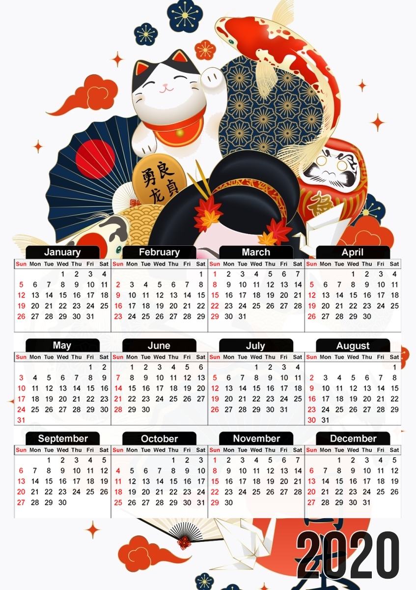  Japanese geisha surrounded with colorful carps for A3 Photo Calendar 30x43cm