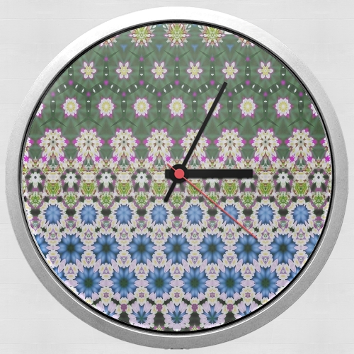  Abstract ethnic floral stripe pattern white blue green for Wall clock